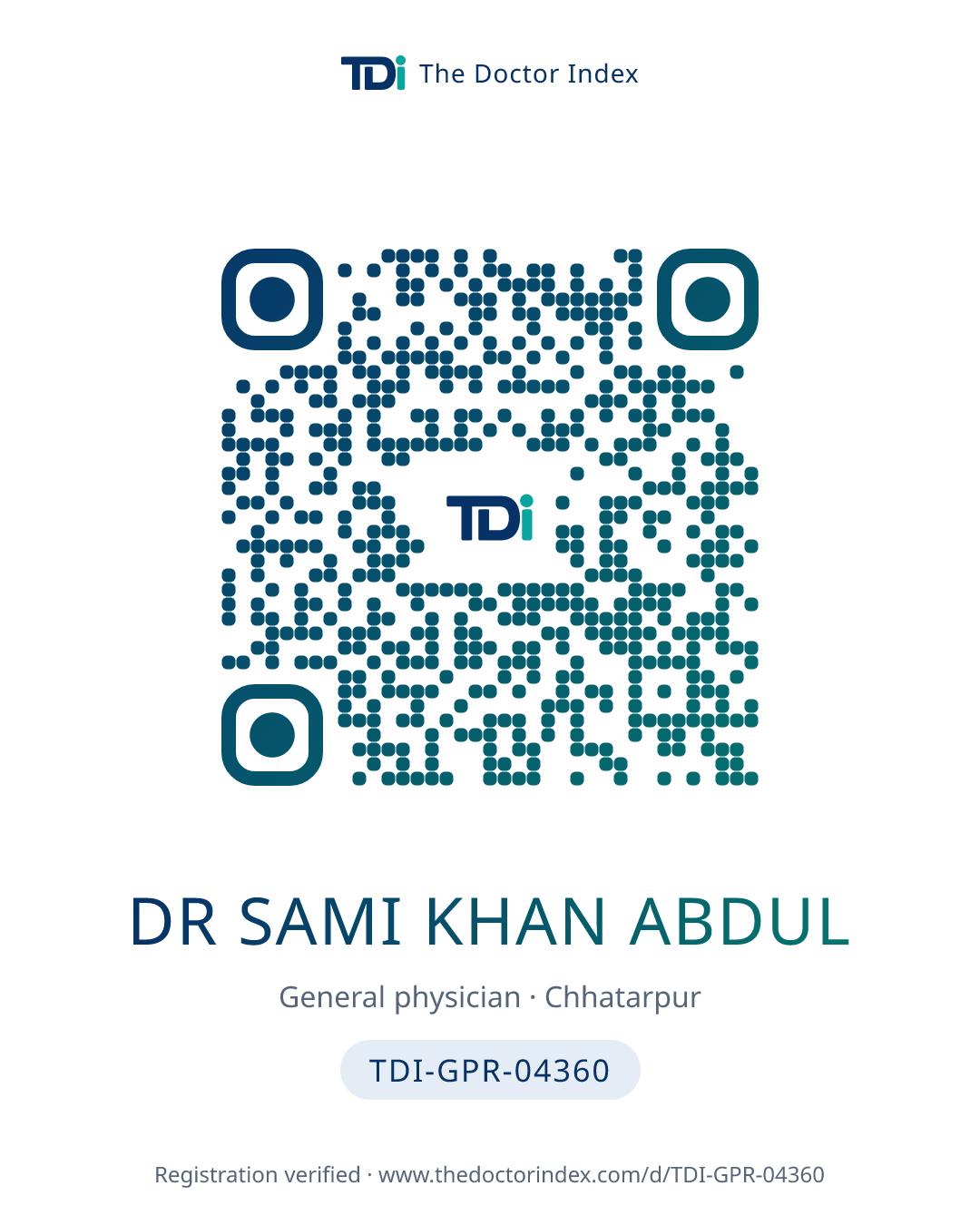 QR card for Dr Sami Khan Abdul, TDI-GPR-04360