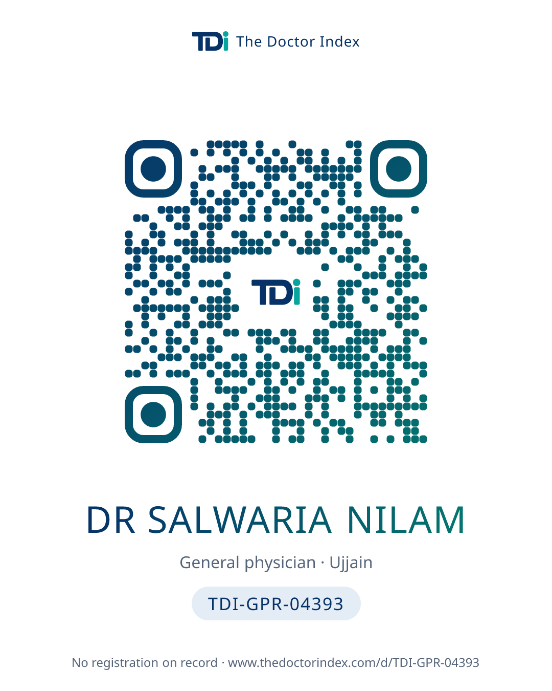 QR card for Dr Salwaria Nilam, TDI-GPR-04393