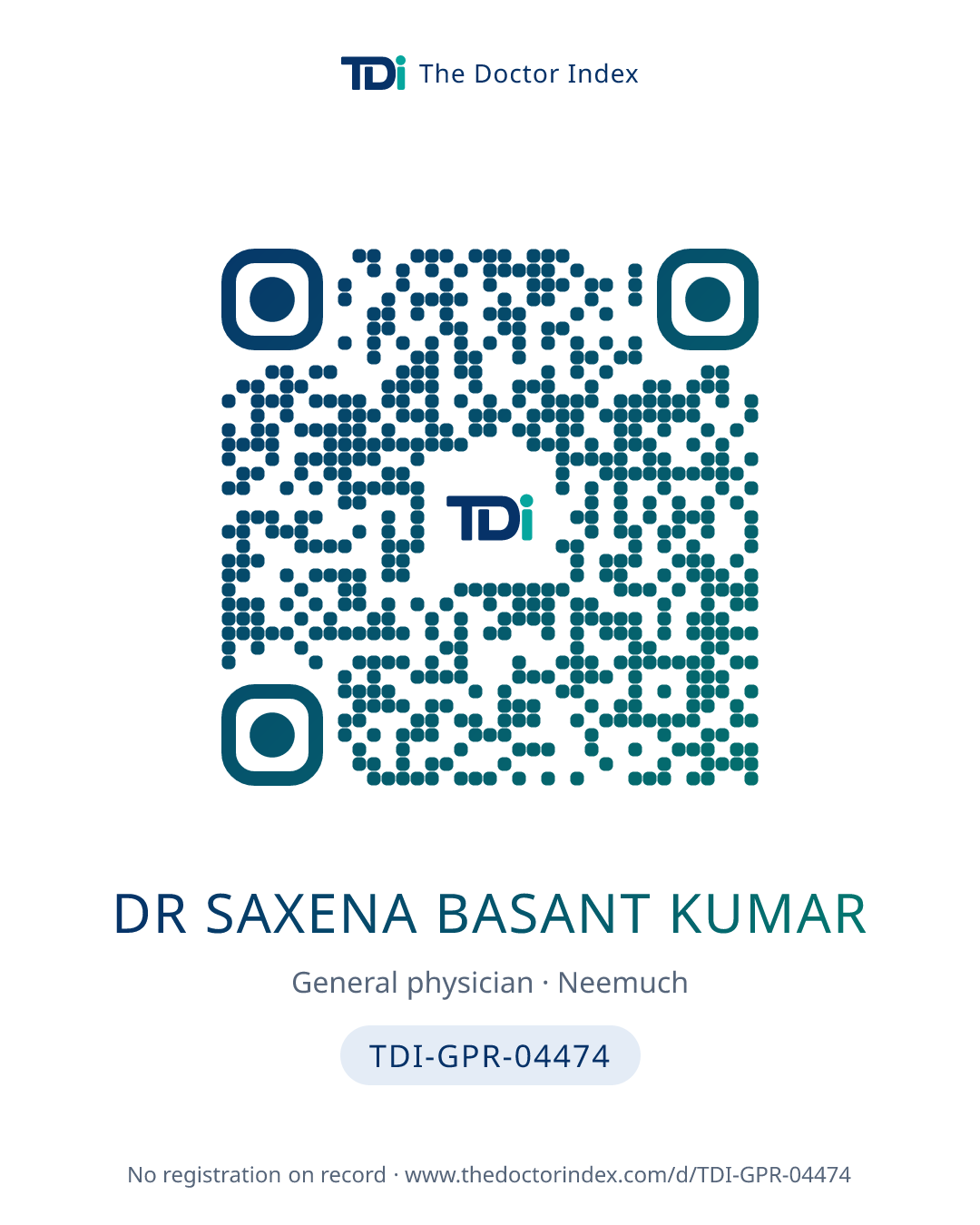 QR card for Dr Saxena Basant Kumar, TDI-GPR-04474