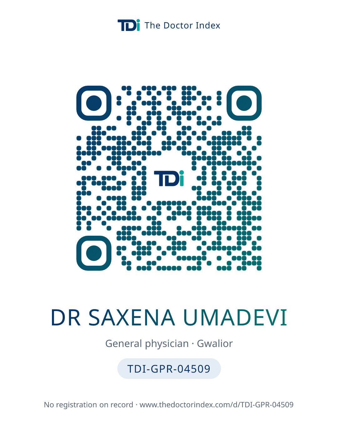 QR card for Dr Saxena Umadevi, TDI-GPR-04509