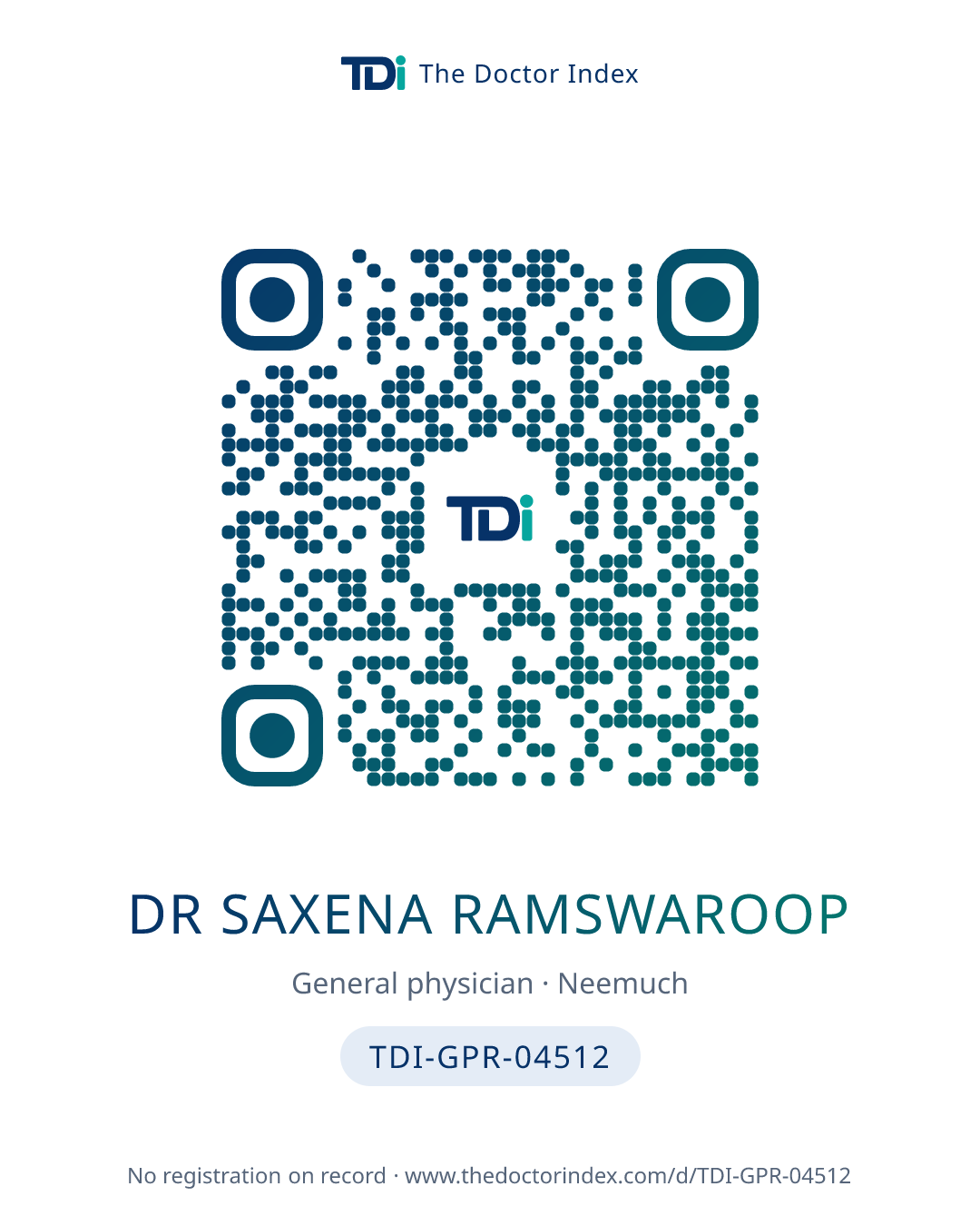 QR card for Dr Saxena Ramswaroop, TDI-GPR-04512
