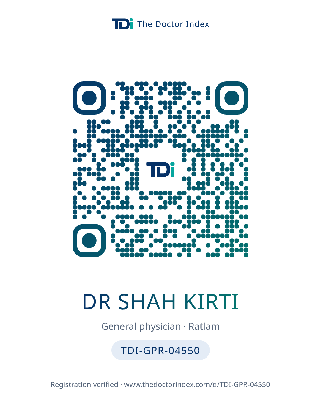 QR card for Dr Shah Kirti, TDI-GPR-04550