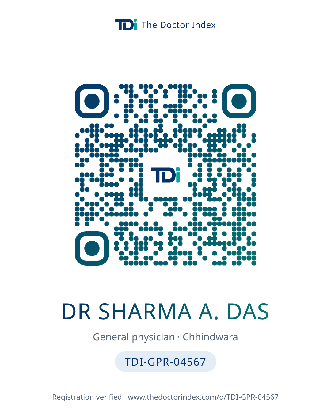 QR card for Dr Sharma A. Das, TDI-GPR-04567