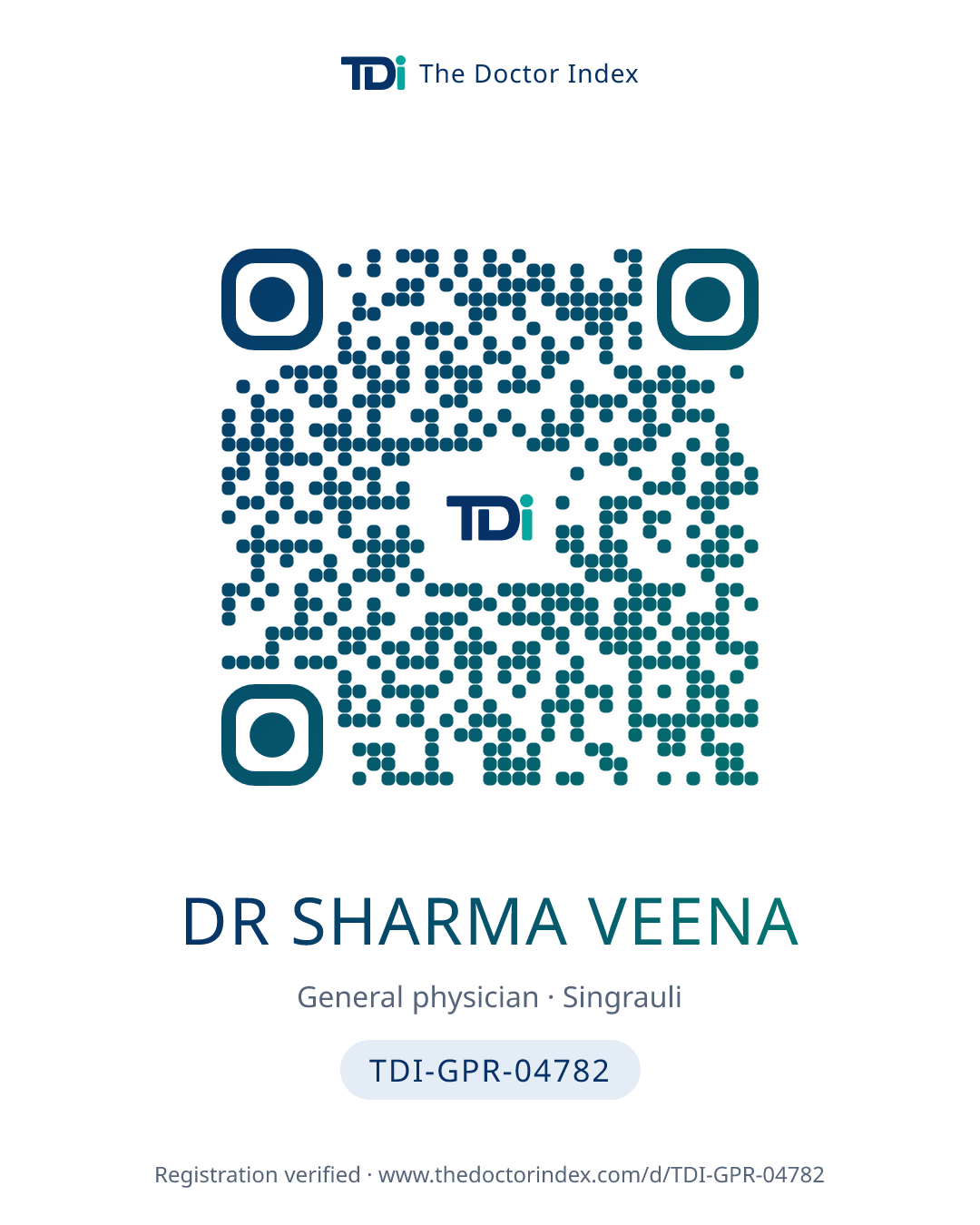 QR card for Dr Sharma Veena, TDI-GPR-04782