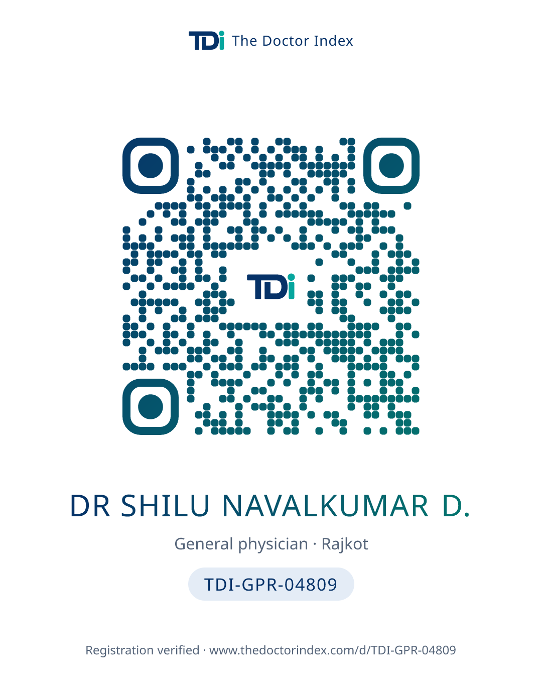 QR card for Dr Shilu Navalkumar D., TDI-GPR-04809