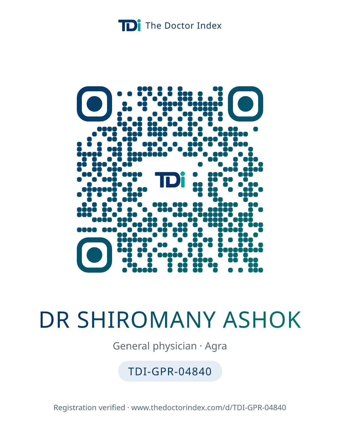 QR card for Dr Shiromany Ashok, TDI-GPR-04840