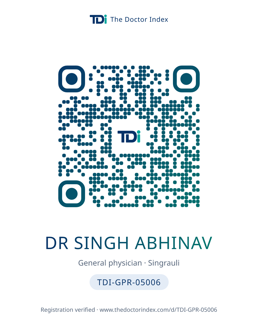 QR card for Dr Singh Abhinav, TDI-GPR-05006