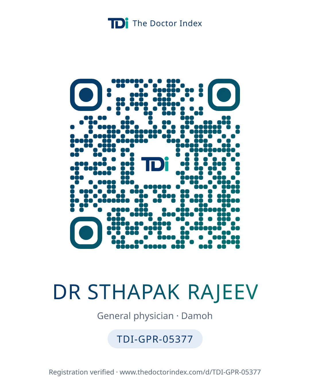 QR card for Dr Sthapak Rajeev, TDI-GPR-05377