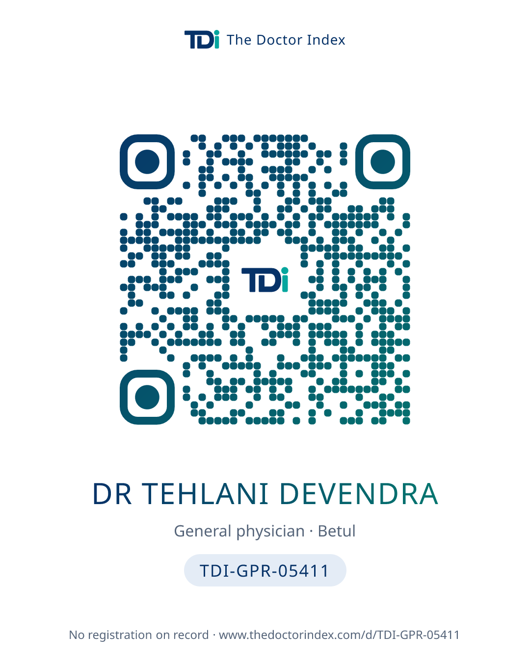 QR card for Dr Tehlani Devendra, TDI-GPR-05411