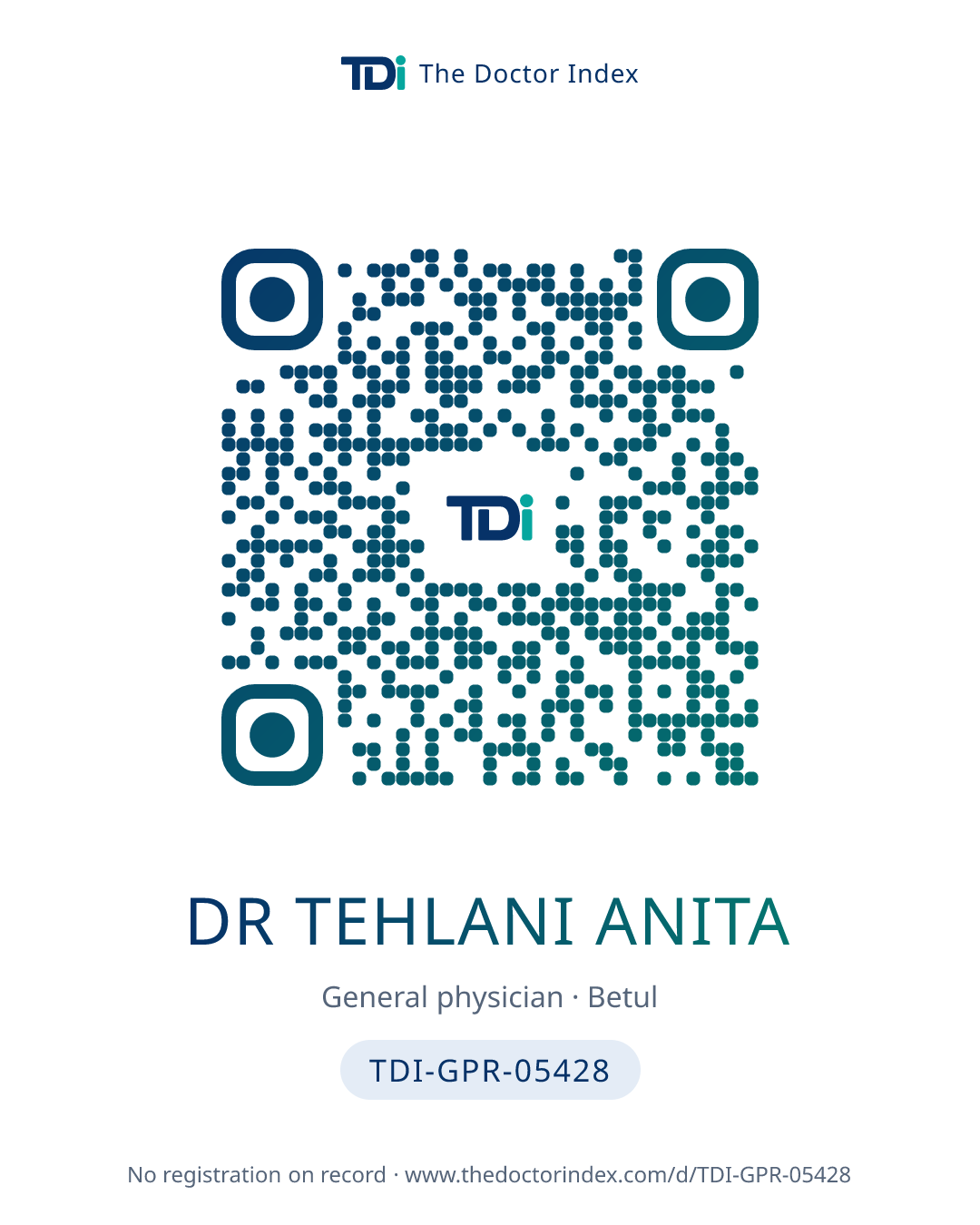 QR card for Dr Tehlani Anita, TDI-GPR-05428