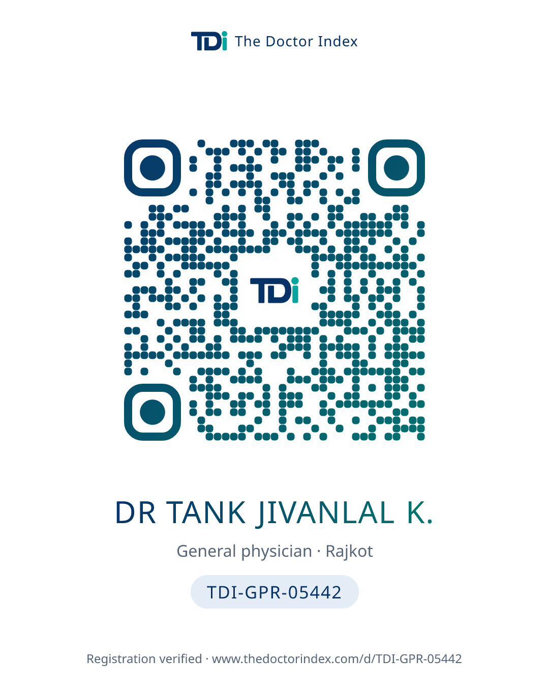 QR card for Dr Tank Jivanlal K., TDI-GPR-05442