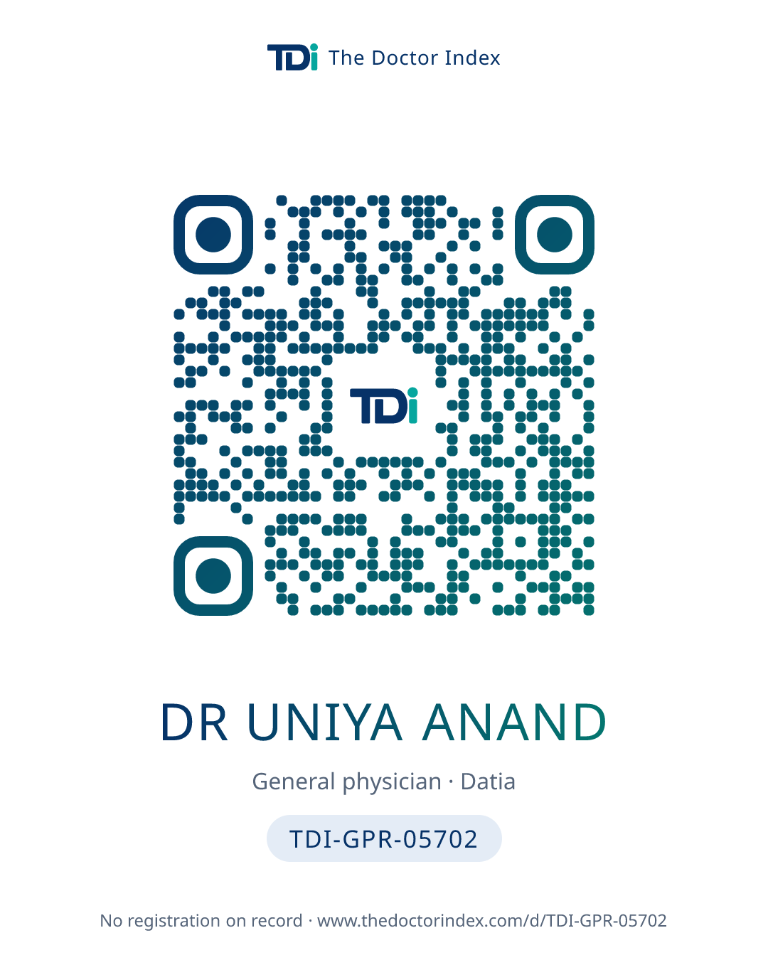 QR card for Dr Uniya Anand, TDI-GPR-05702