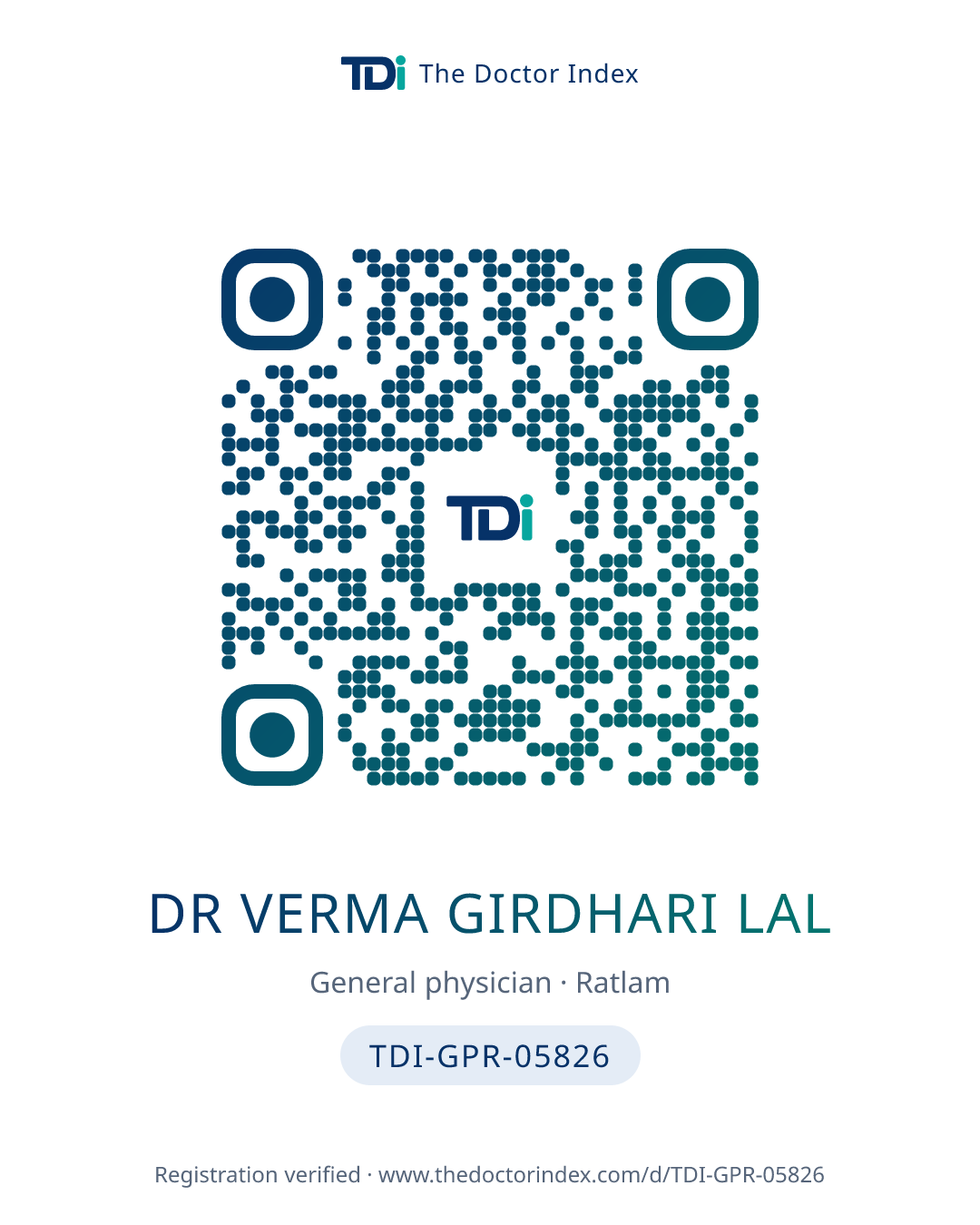 QR card for Dr Verma Girdhari Lal, TDI-GPR-05826