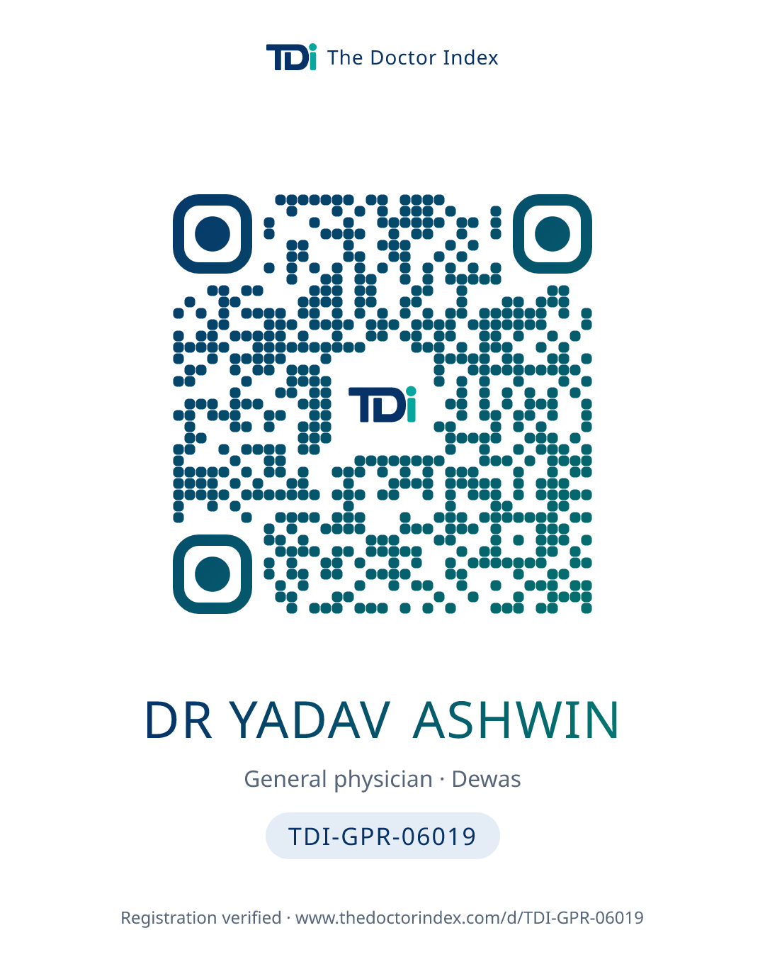 QR card for Dr Yadav Ashwin, TDI-GPR-06019