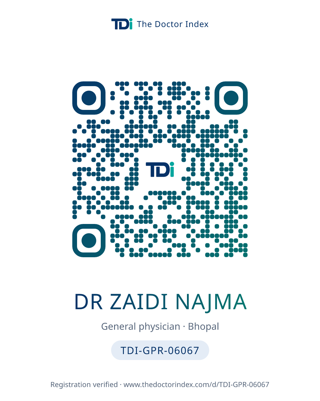 QR card for Dr Zaidi Najma, TDI-GPR-06067