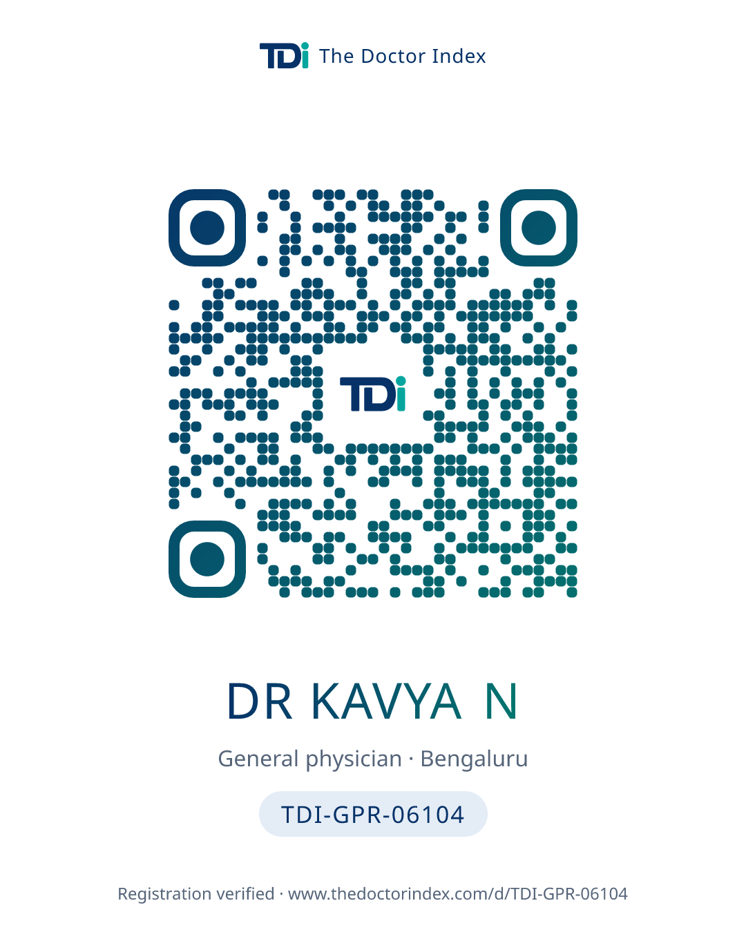 QR card for Dr Kavya N, TDI-GPR-06104