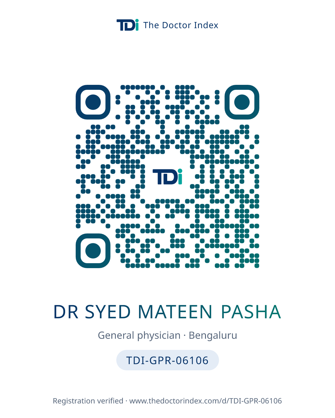 QR card for Dr Syed Mateen Pasha, TDI-GPR-06106