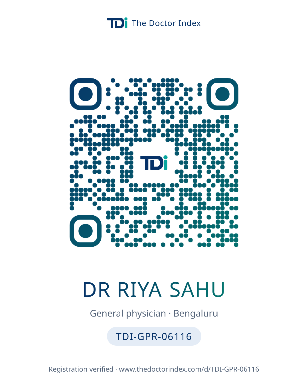 QR card for Dr Riya Sahu, TDI-GPR-06116