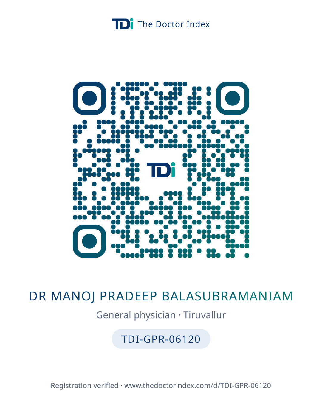 QR card for Dr Manoj Pradeep Balasubramaniam, TDI-GPR-06120
