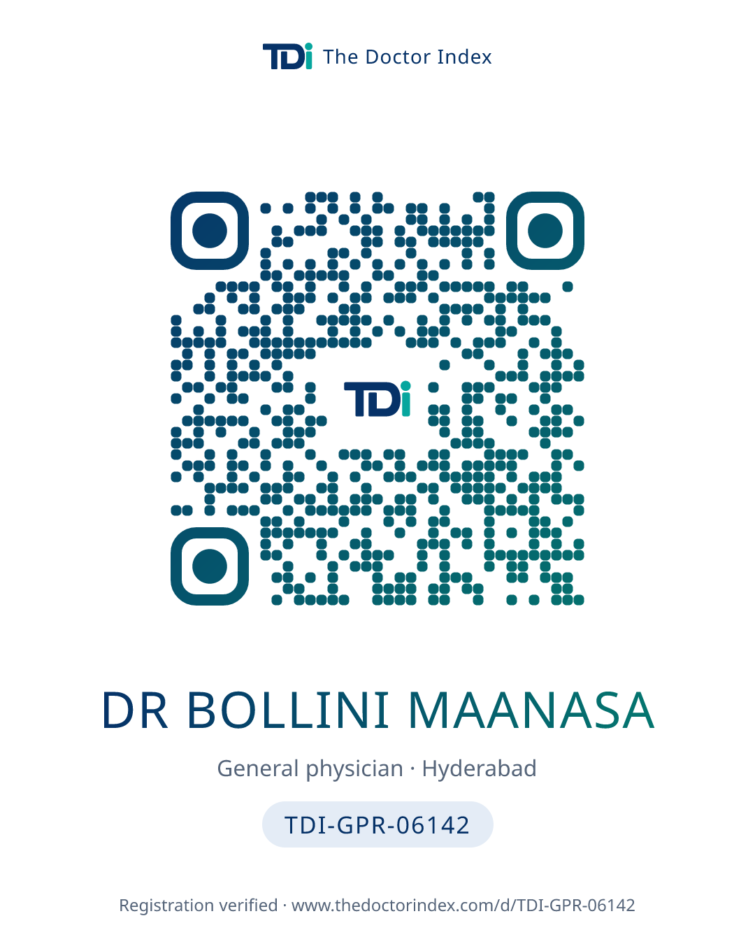 QR card for Dr Bollini Maanasa, TDI-GPR-06142