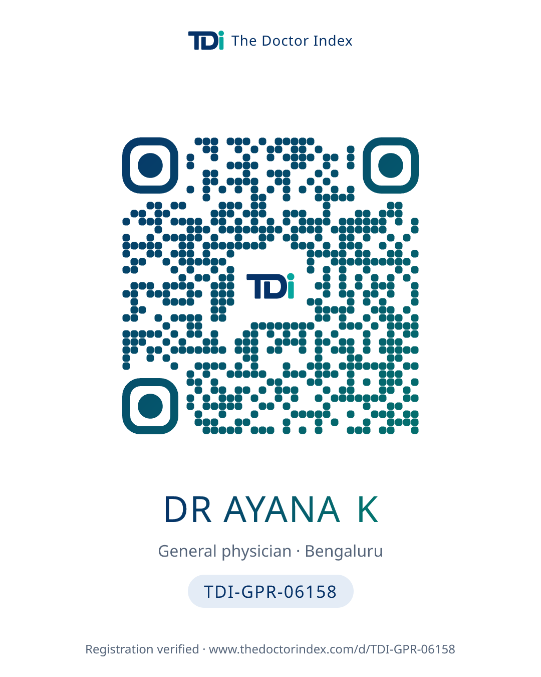 QR card for Dr Ayana K, TDI-GPR-06158