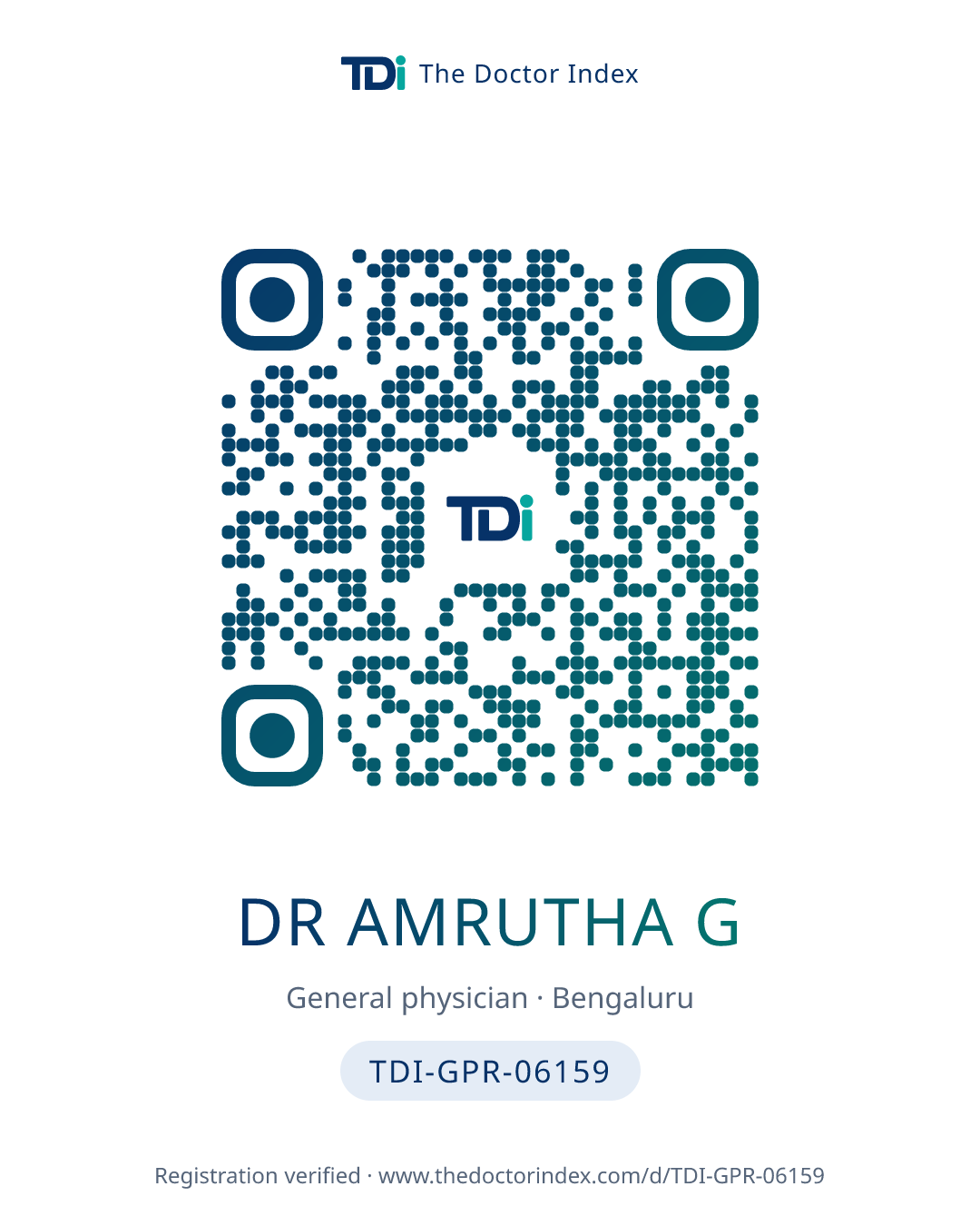 QR card for Dr Amrutha G, TDI-GPR-06159
