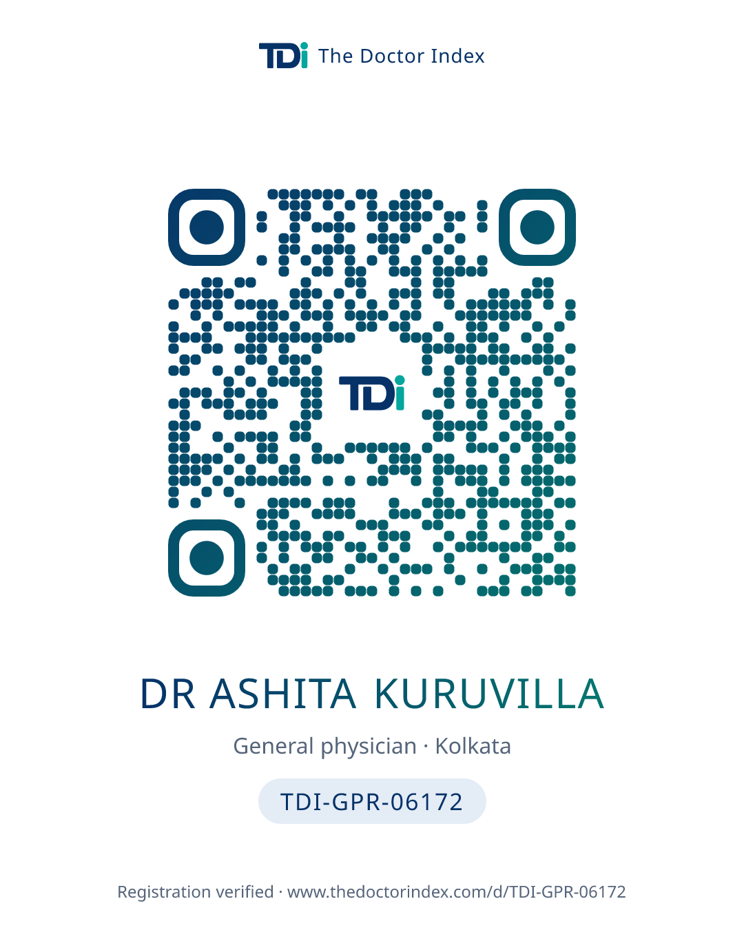 QR card for Dr Ashita Kuruvilla, TDI-GPR-06172