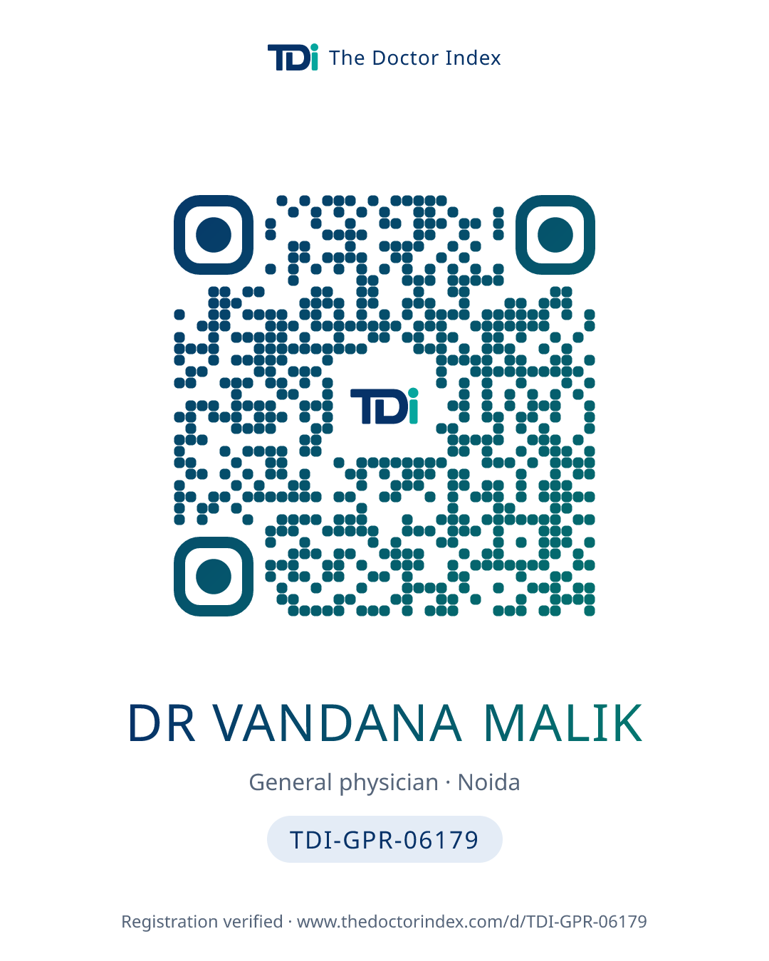 QR card for Dr Vandana Malik, TDI-GPR-06179