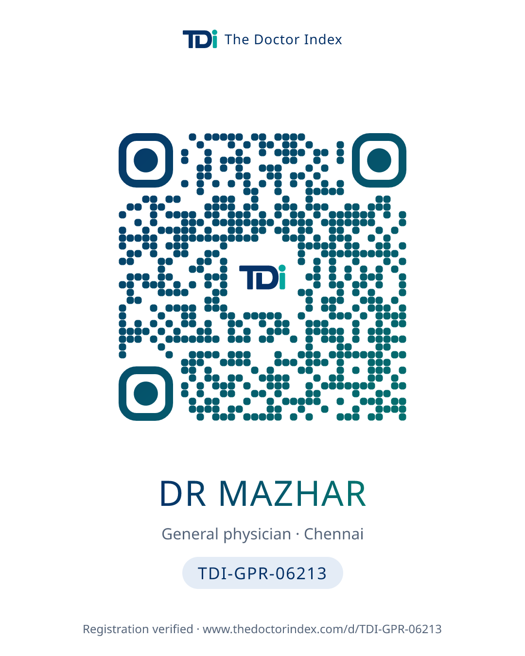 QR card for Dr Mazhar, TDI-GPR-06213