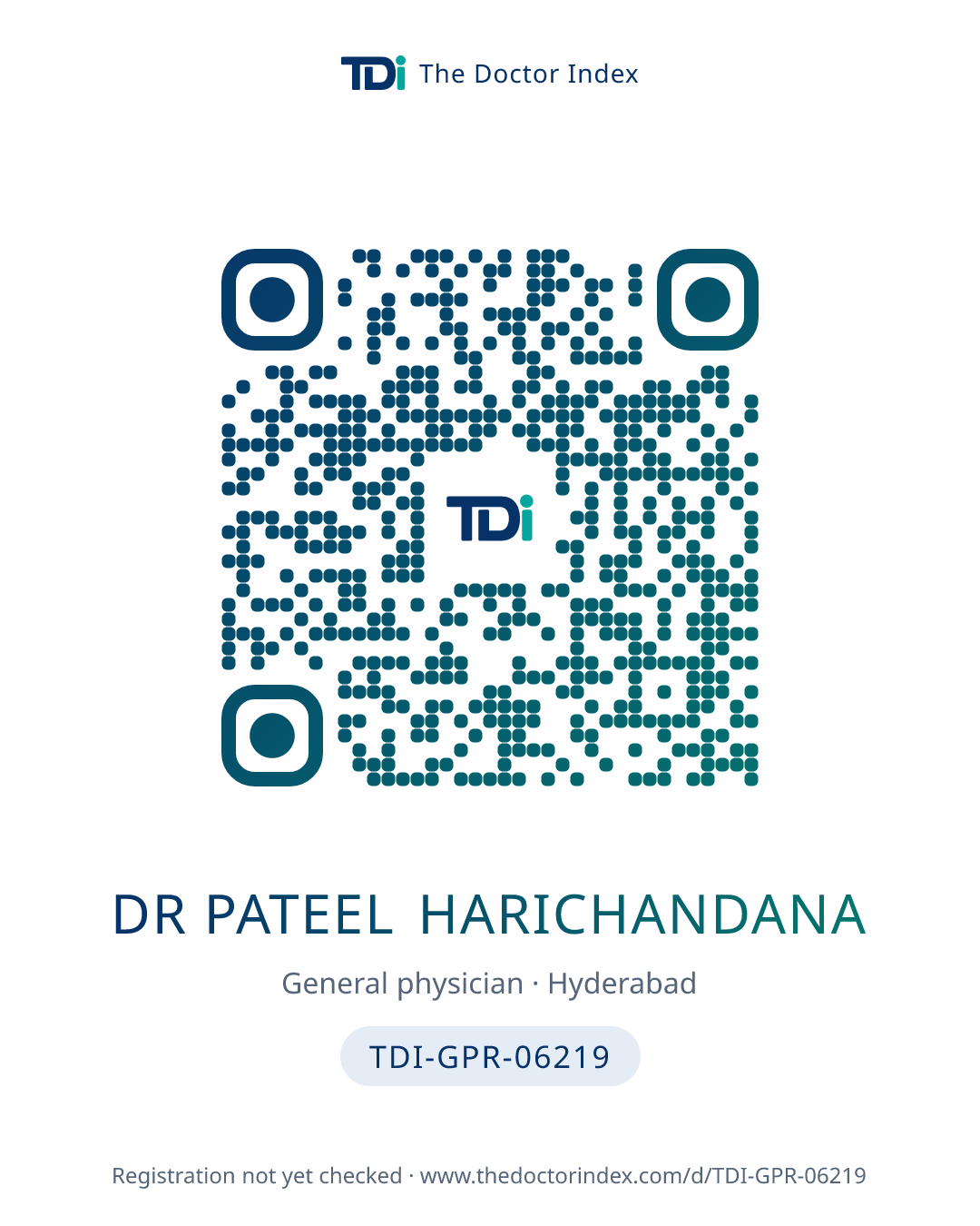 QR card for Dr Pateel Harichandana, TDI-GPR-06219