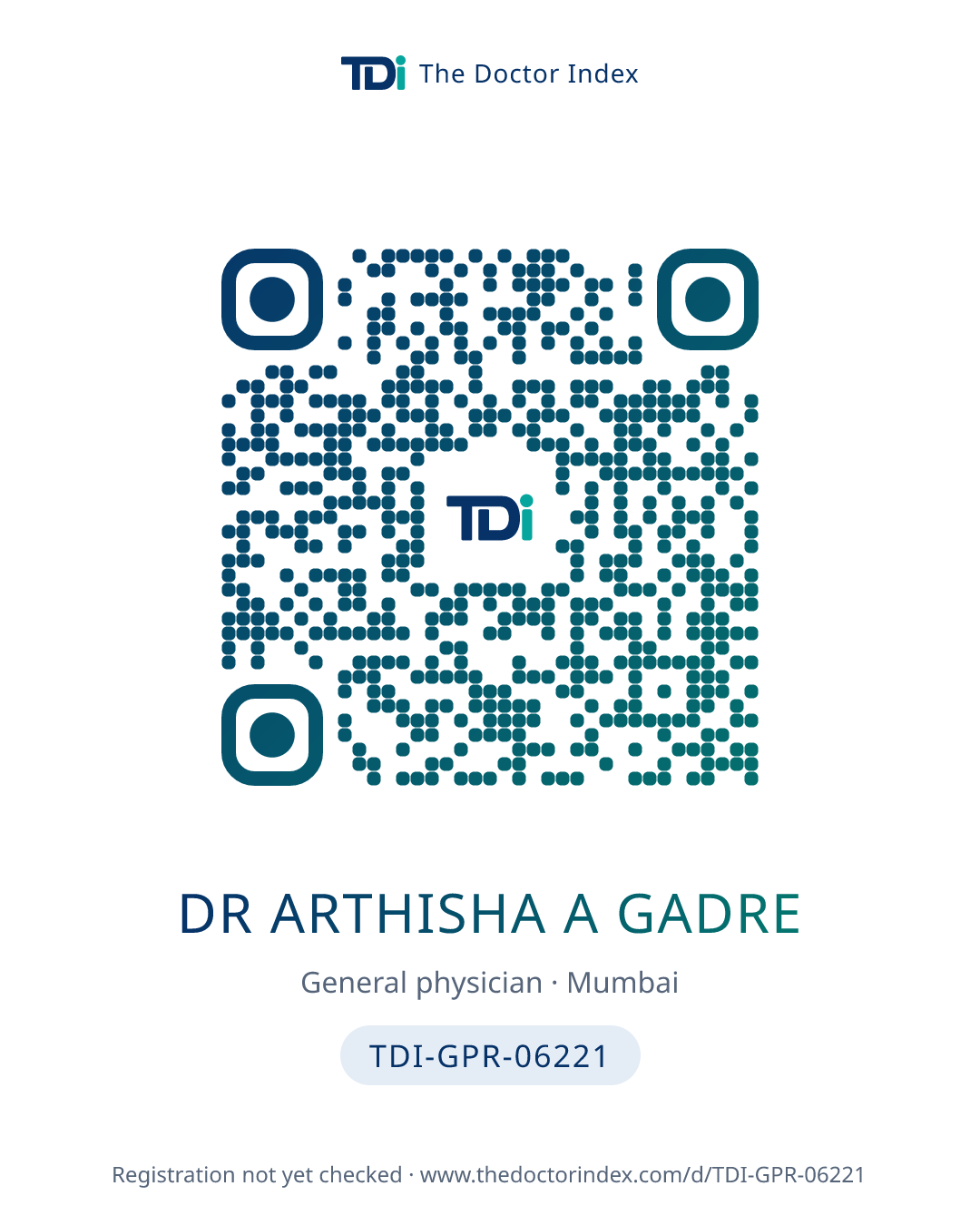 QR card for Dr Arthisha A Gadre, TDI-GPR-06221