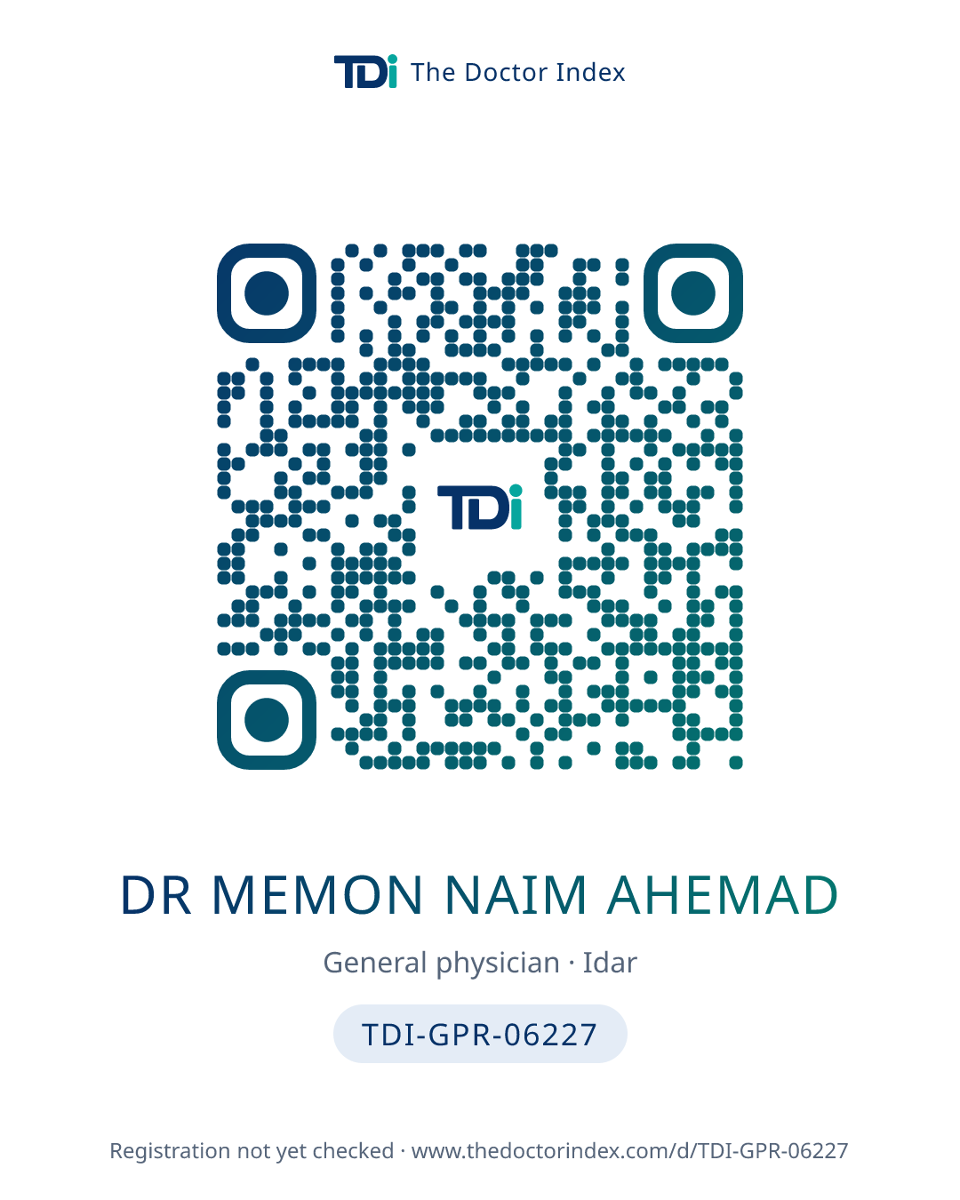 QR card for Dr Memon Naim Ahemad, TDI-GPR-06227