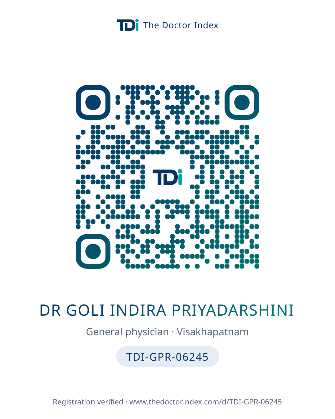 QR card for Dr Goli Indira Priyadarshini, TDI-GPR-06245