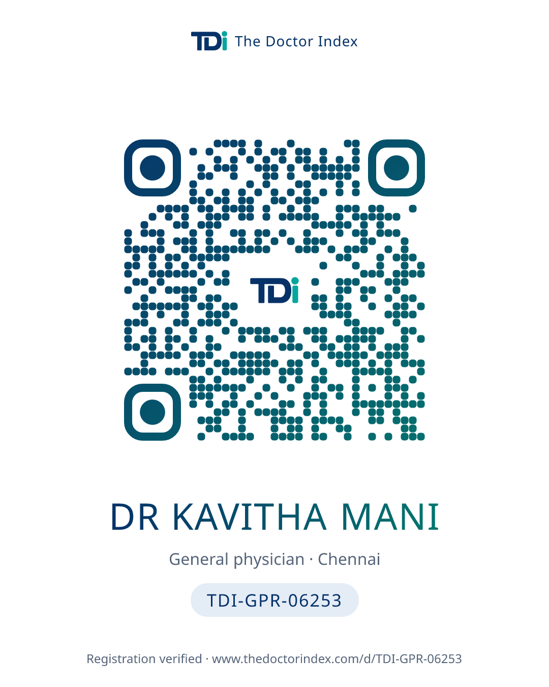 QR card for Dr Kavitha Mani, TDI-GPR-06253