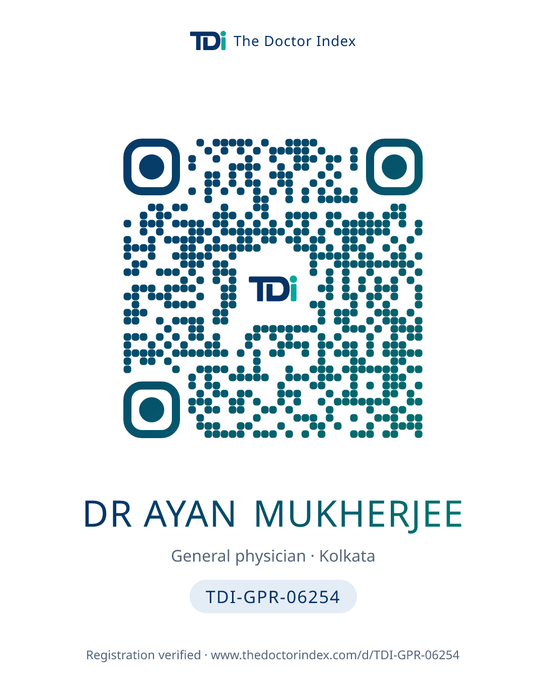 QR card for Dr Ayan Mukherjee, TDI-GPR-06254