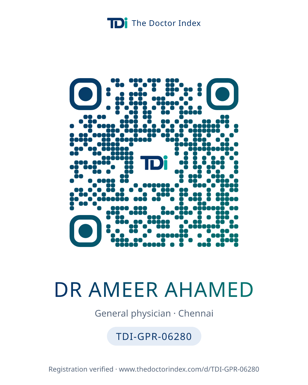 QR card for Dr Ameer Ahamed, TDI-GPR-06280