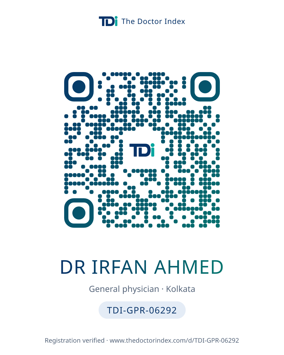 QR card for Dr Irfan Ahmed, TDI-GPR-06292