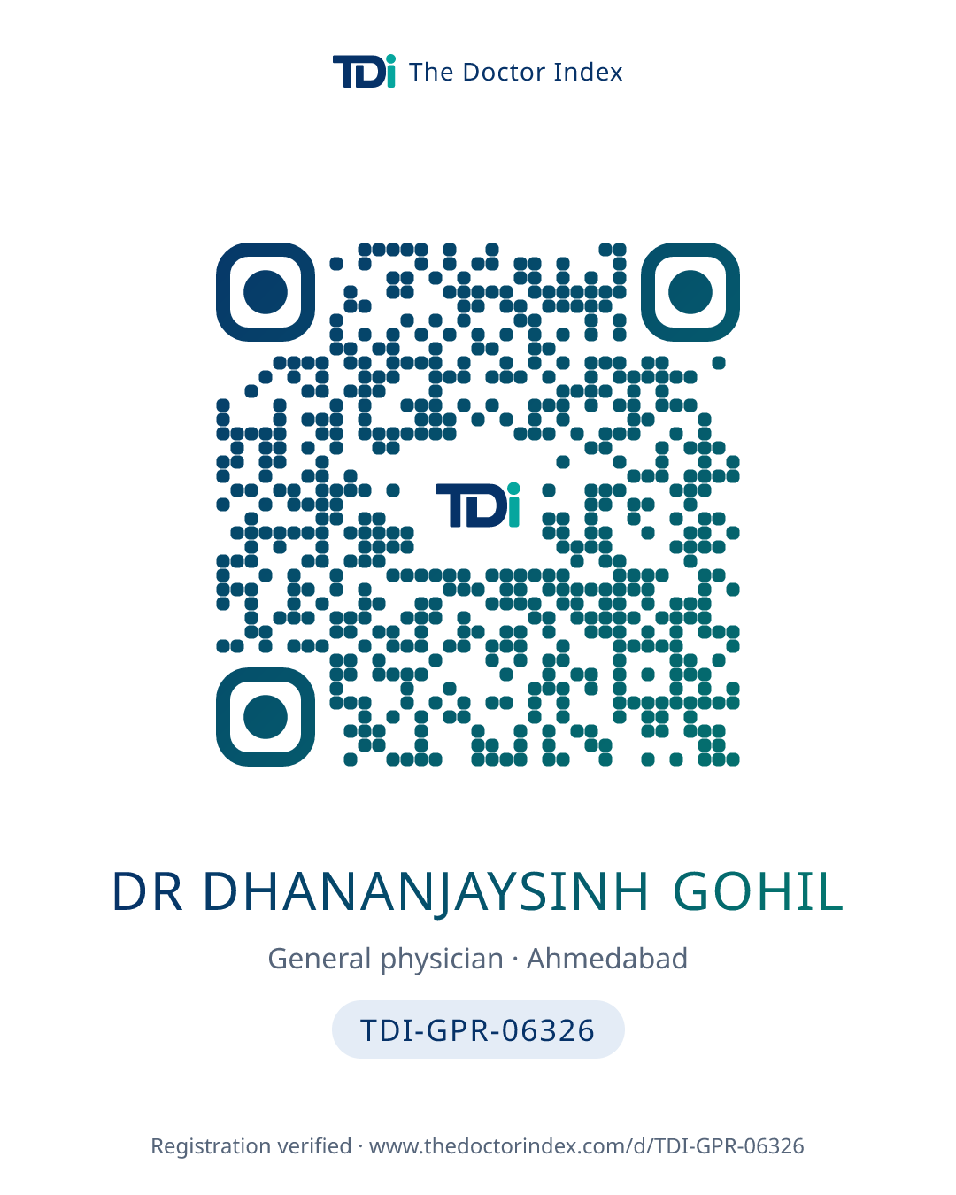QR card for Dr Dhananjaysinh Gohil, TDI-GPR-06326