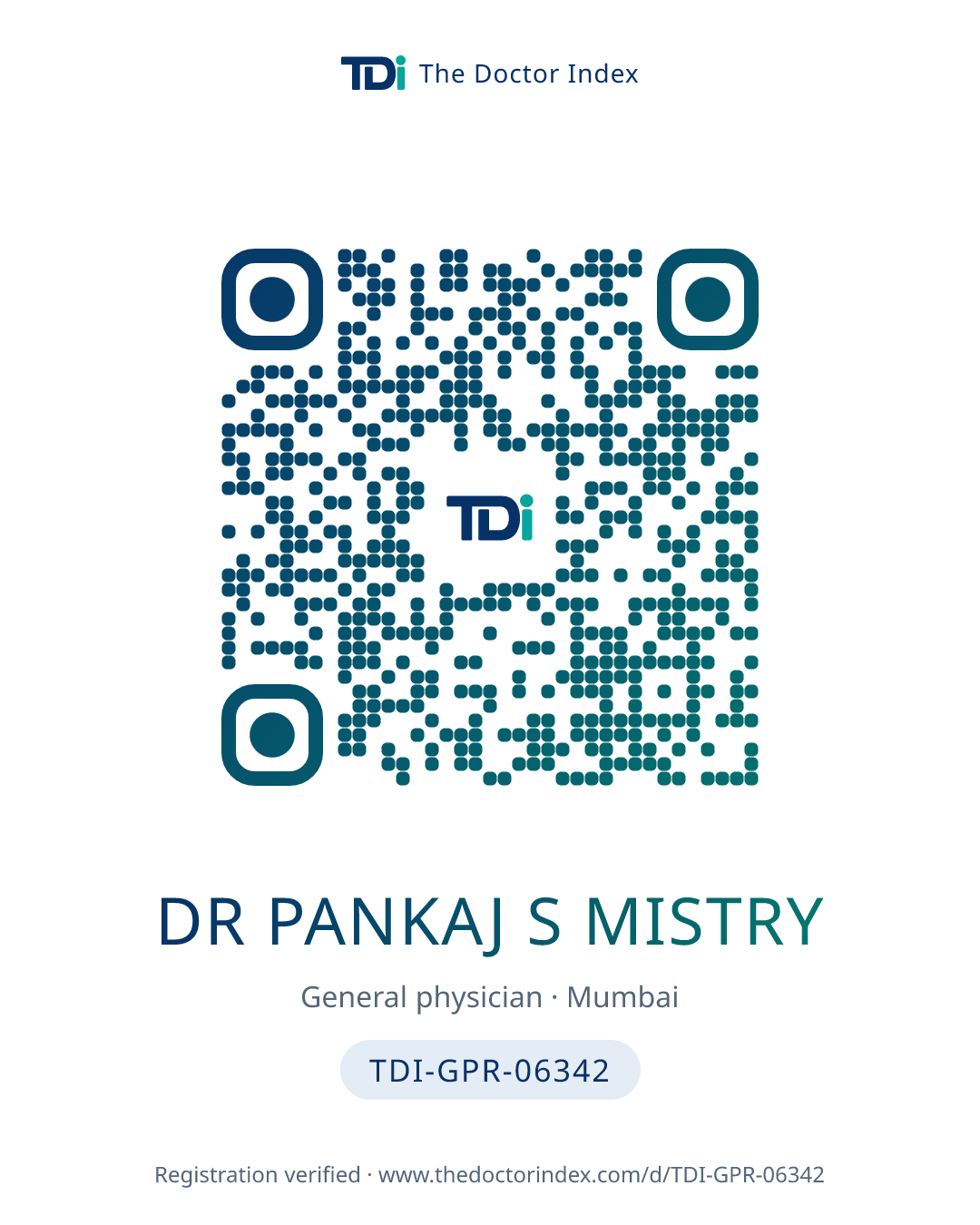 QR card for Dr Pankaj S Mistry, TDI-GPR-06342