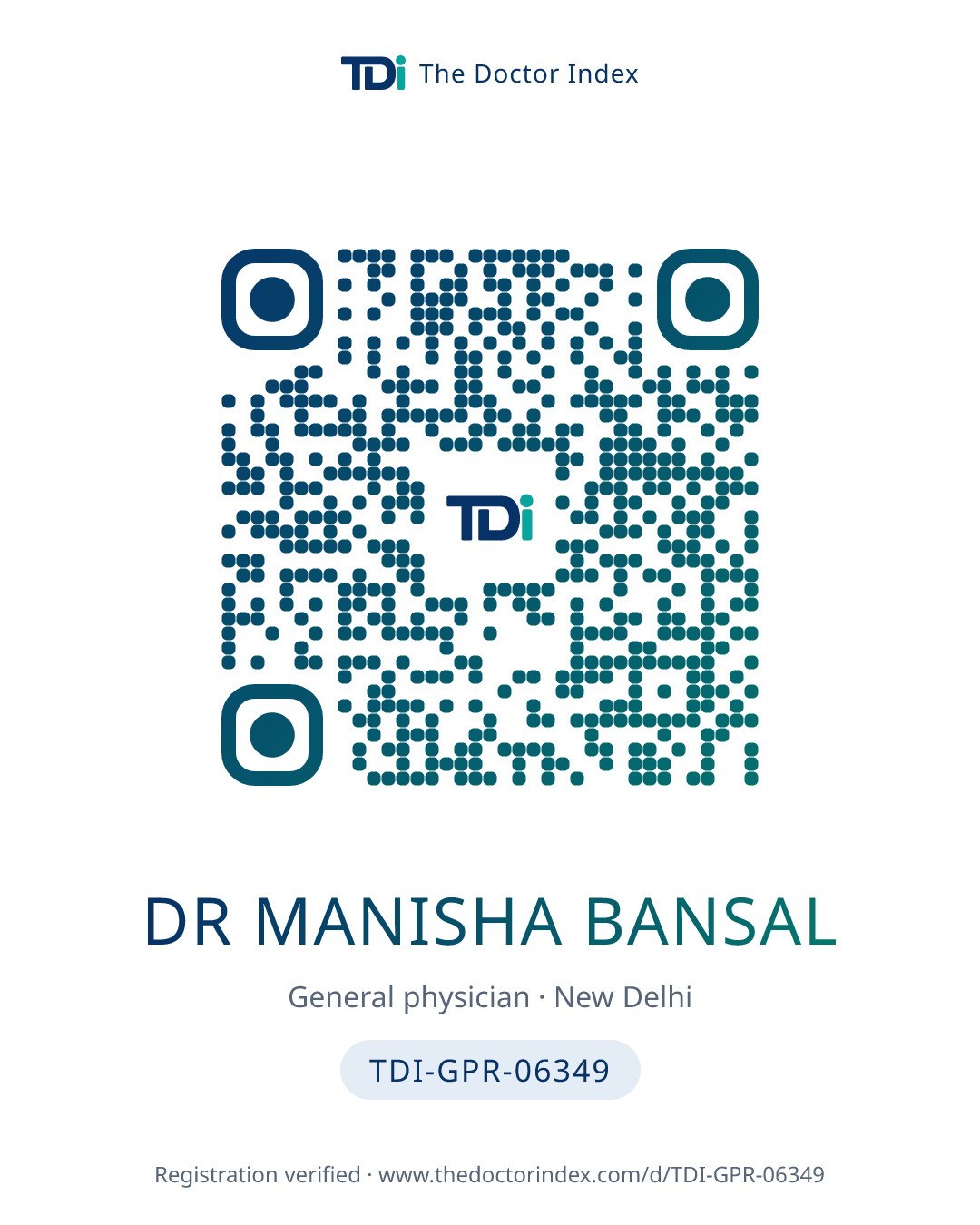 QR card for Dr Manisha Bansal, TDI-GPR-06349