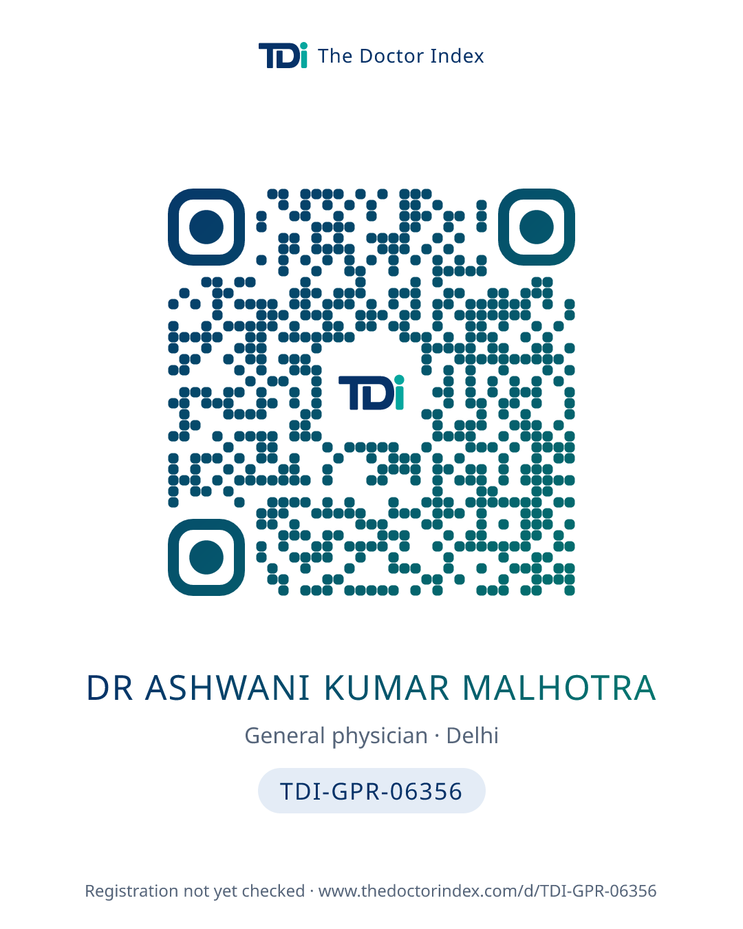 QR card for Dr Ashwani Kumar Malhotra, TDI-GPR-06356