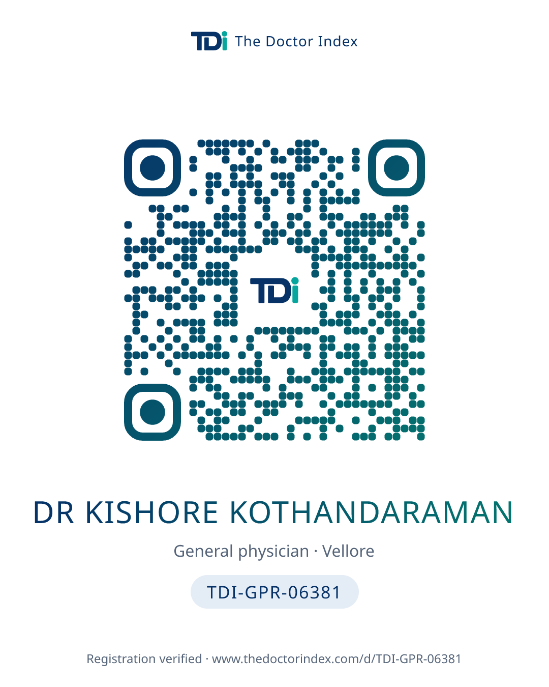 QR card for Dr Kishore Kothandaraman, TDI-GPR-06381