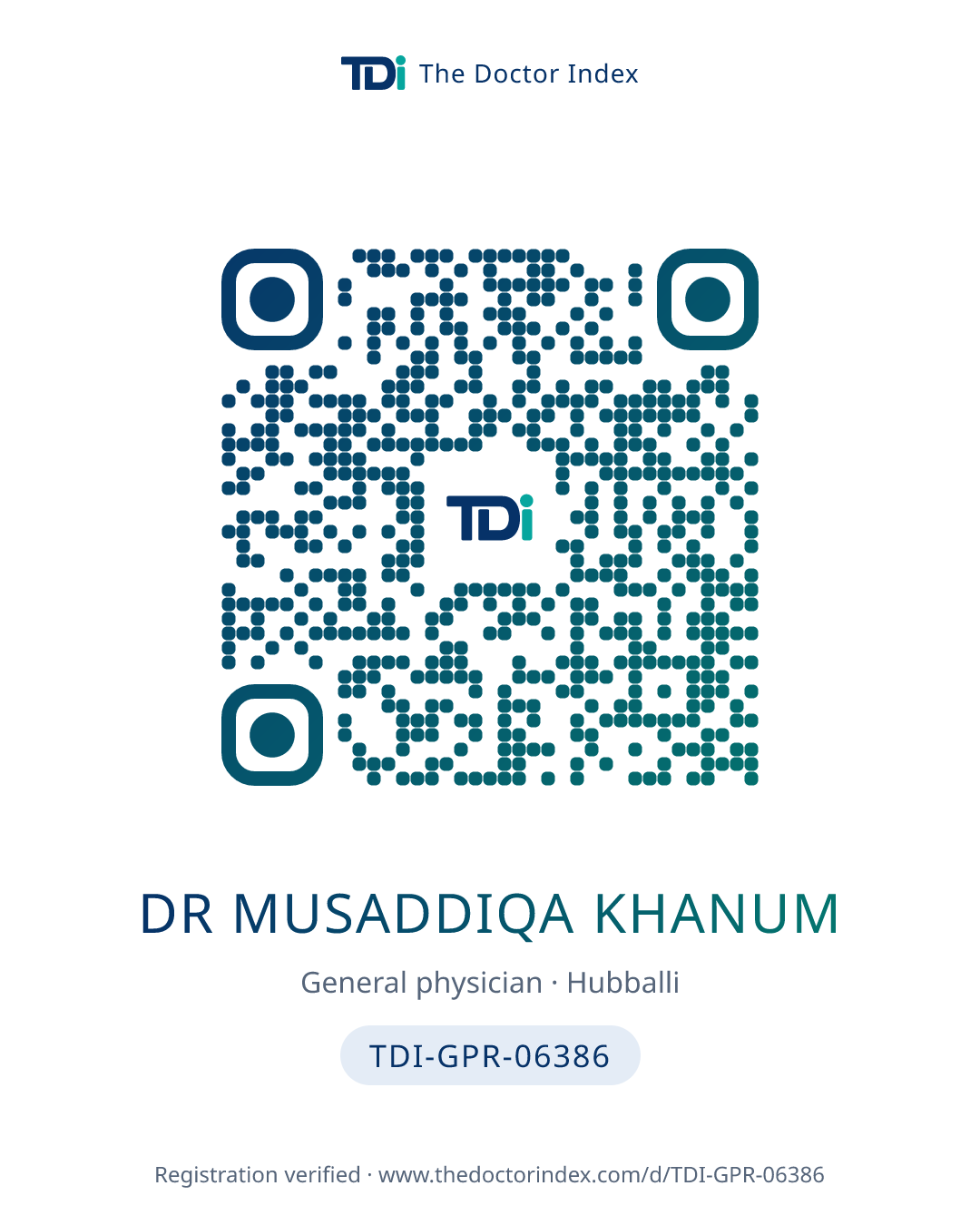 QR card for Dr Musaddiqa Khanum, TDI-GPR-06386