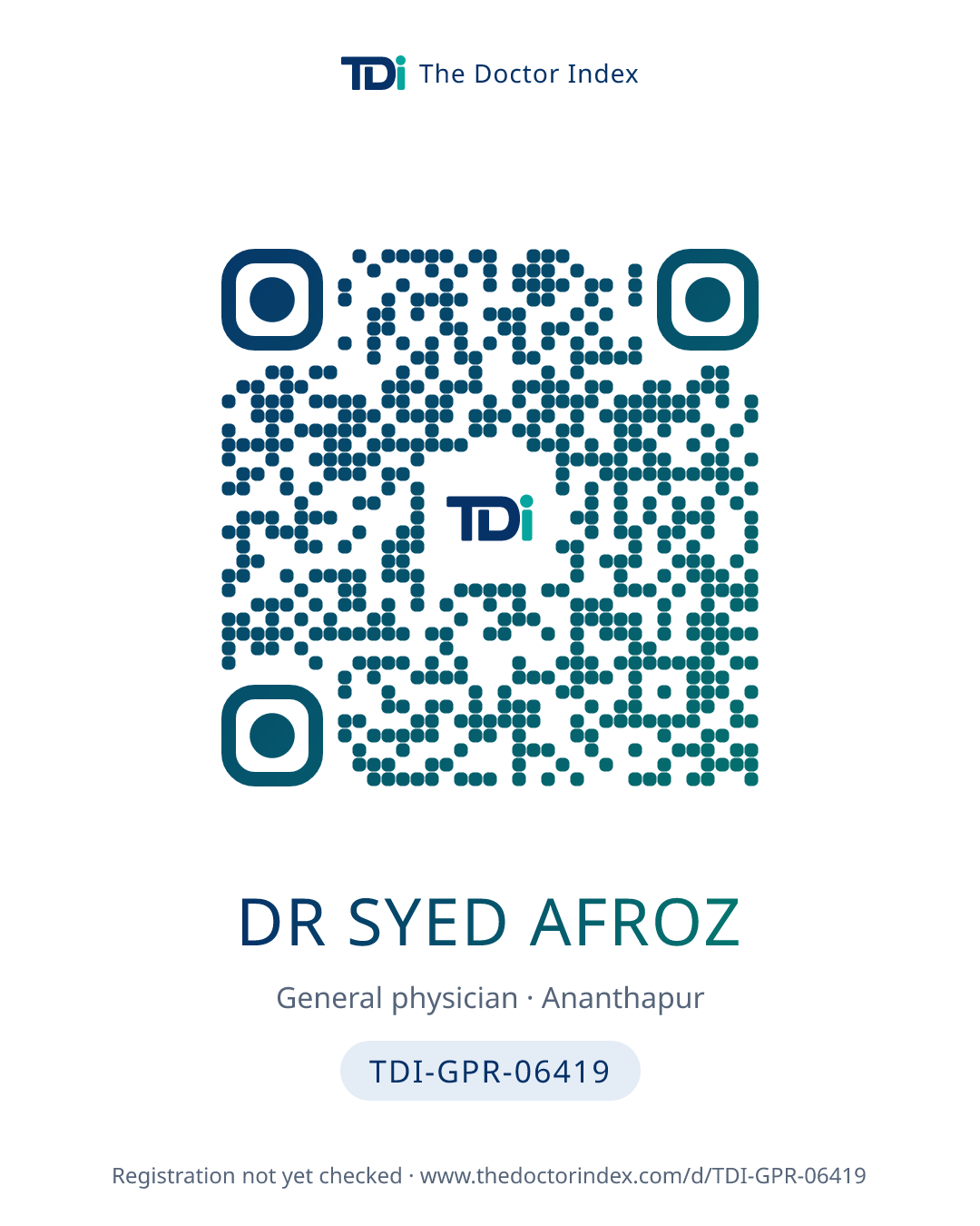 QR card for Dr Syed Afroz, TDI-GPR-06419