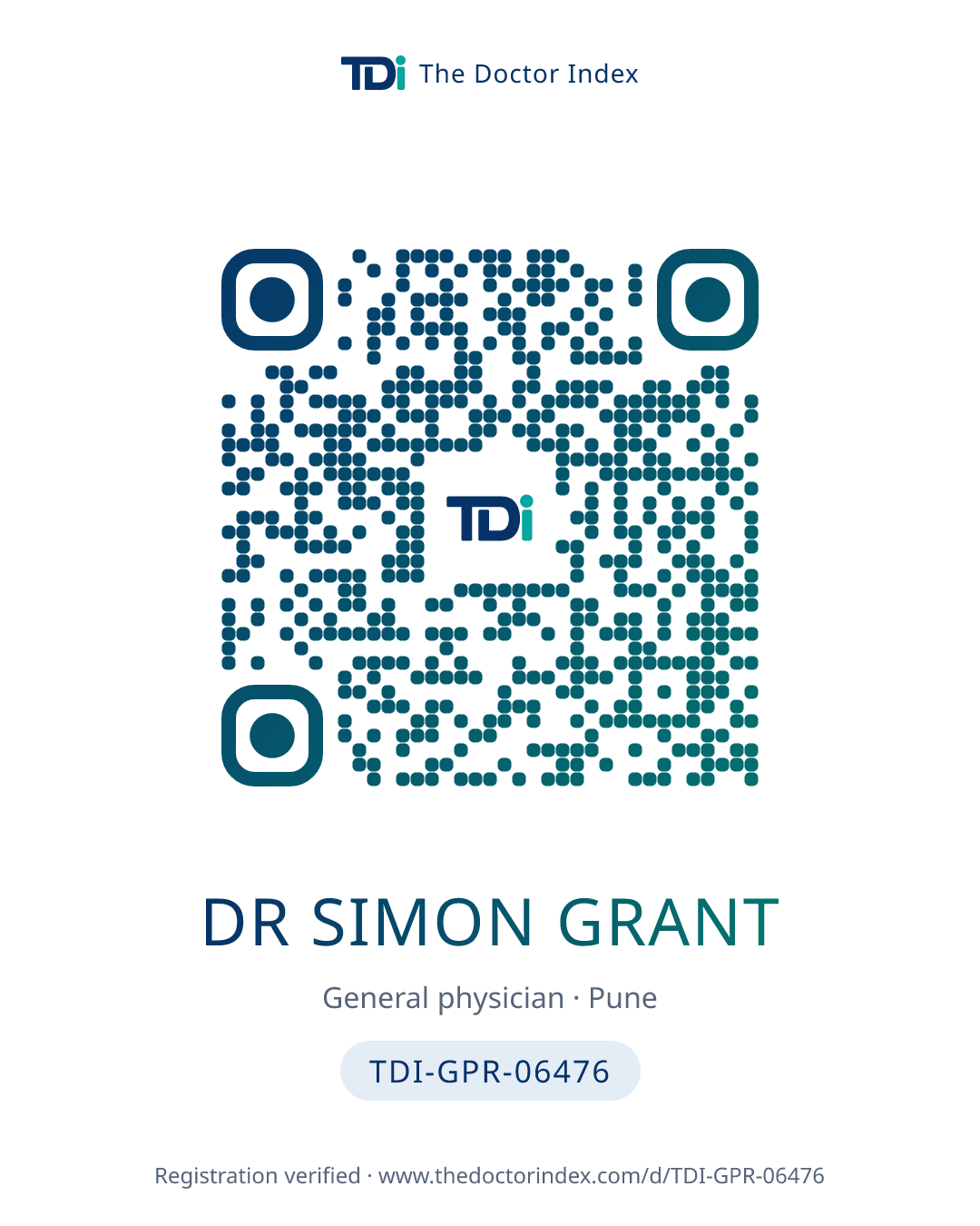QR card for Dr Simon Grant, TDI-GPR-06476