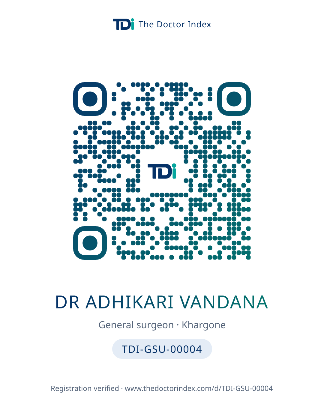 QR card for Dr Adhikari Vandana, TDI-GSU-00004