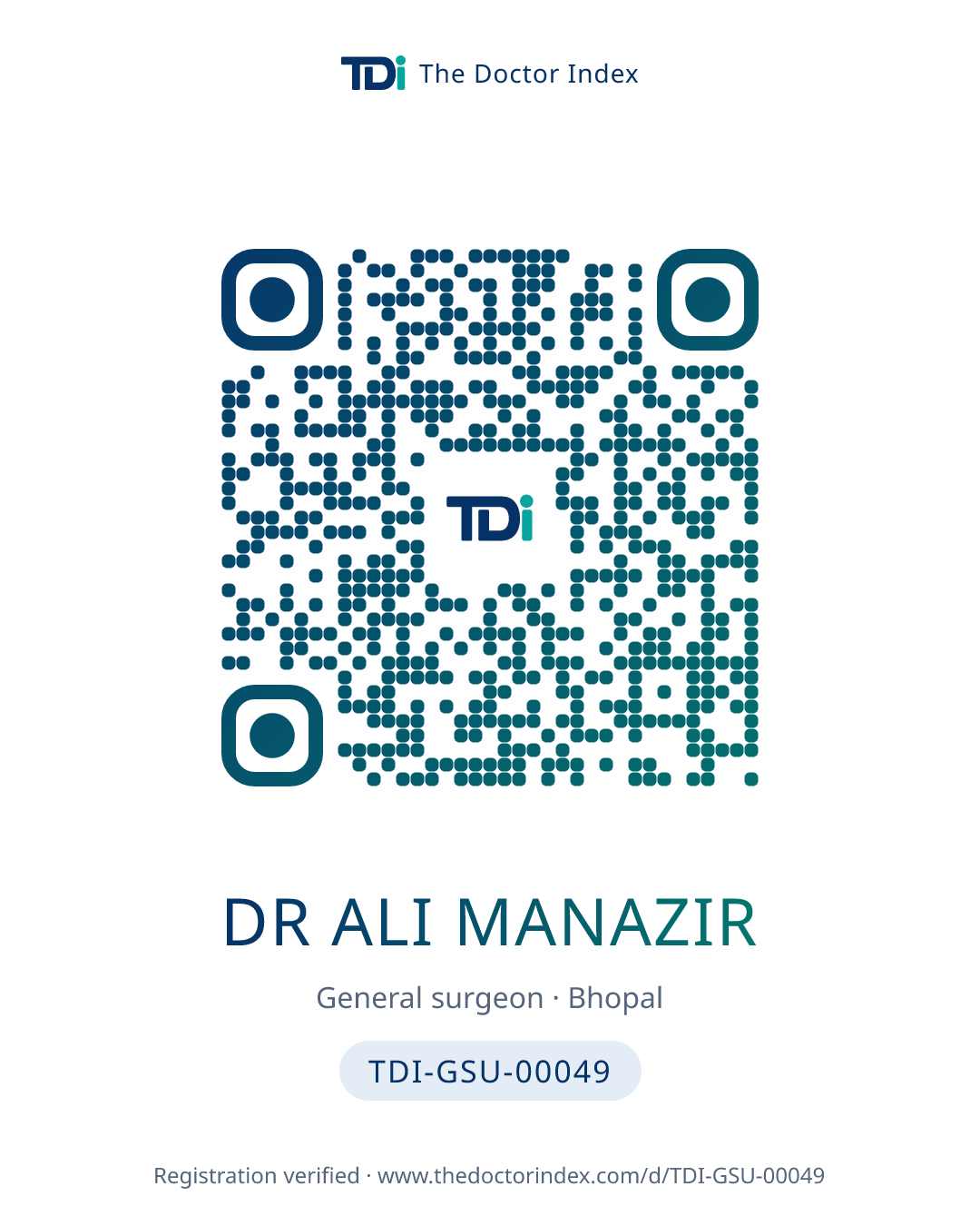 QR card for Dr Ali Manazir, TDI-GSU-00049