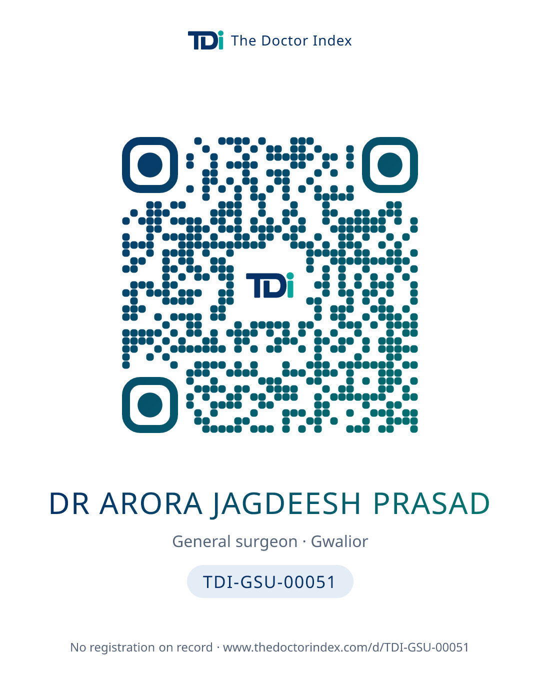QR card for Dr Arora Jagdeesh Prasad, TDI-GSU-00051