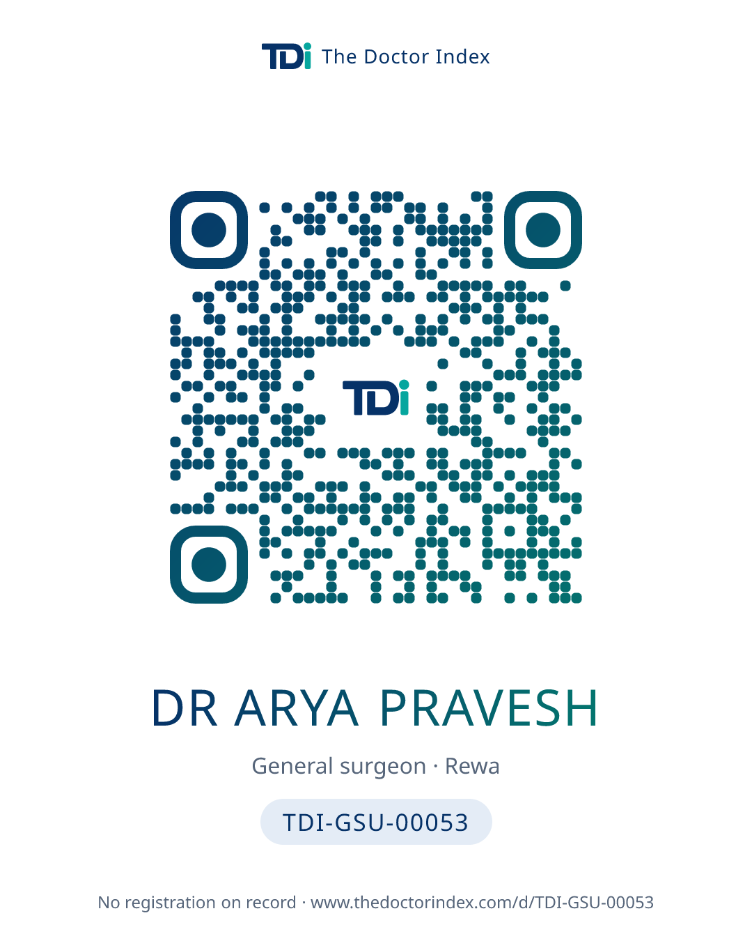 QR card for Dr Arya Pravesh, TDI-GSU-00053