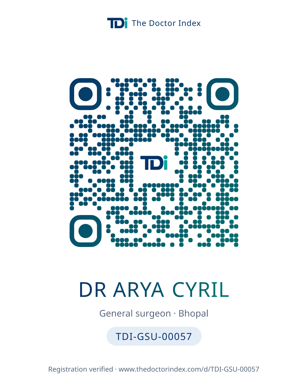 QR card for Dr Arya Cyril, TDI-GSU-00057